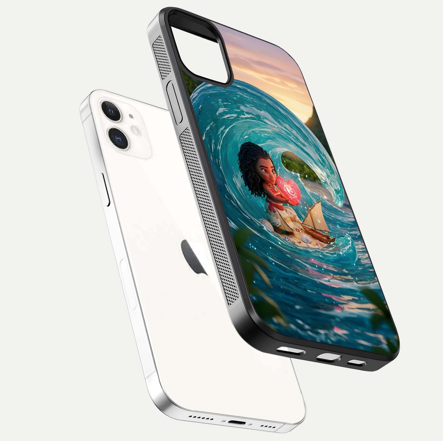 Heart of Ocean Glass Case for iPhone 12 Mini floating dual-view mockup showing gloss surface and aquatic design