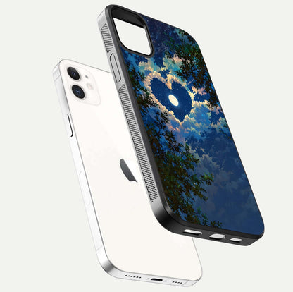Heart with Moon Sky Glass Case for iPhone 12 Mini floating dual-view mockup showing gloss texture and romantic sky glow
