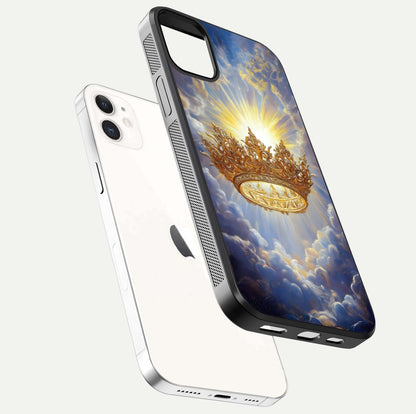 Heavenly Crown Light Glass Case for iPhone 12 Mini floating dual-view mockup showing gloss shine and luminous crown texture