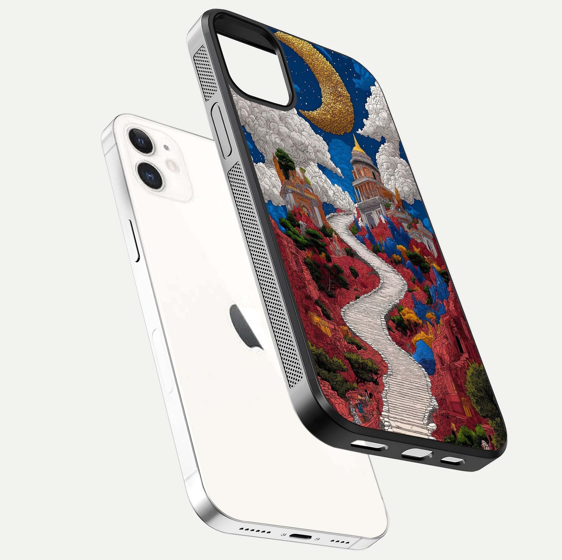 Heavenly Moon Path Glass Case for iPhone 12 Mini floating dual-view mockup showing gloss surface and celestial pathway