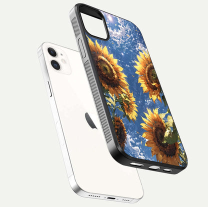 Heavenly Sunflower Rise Glass Case for iPhone 12 Mini floating dual-view mockup showing gloss brightness and morning-light feel
