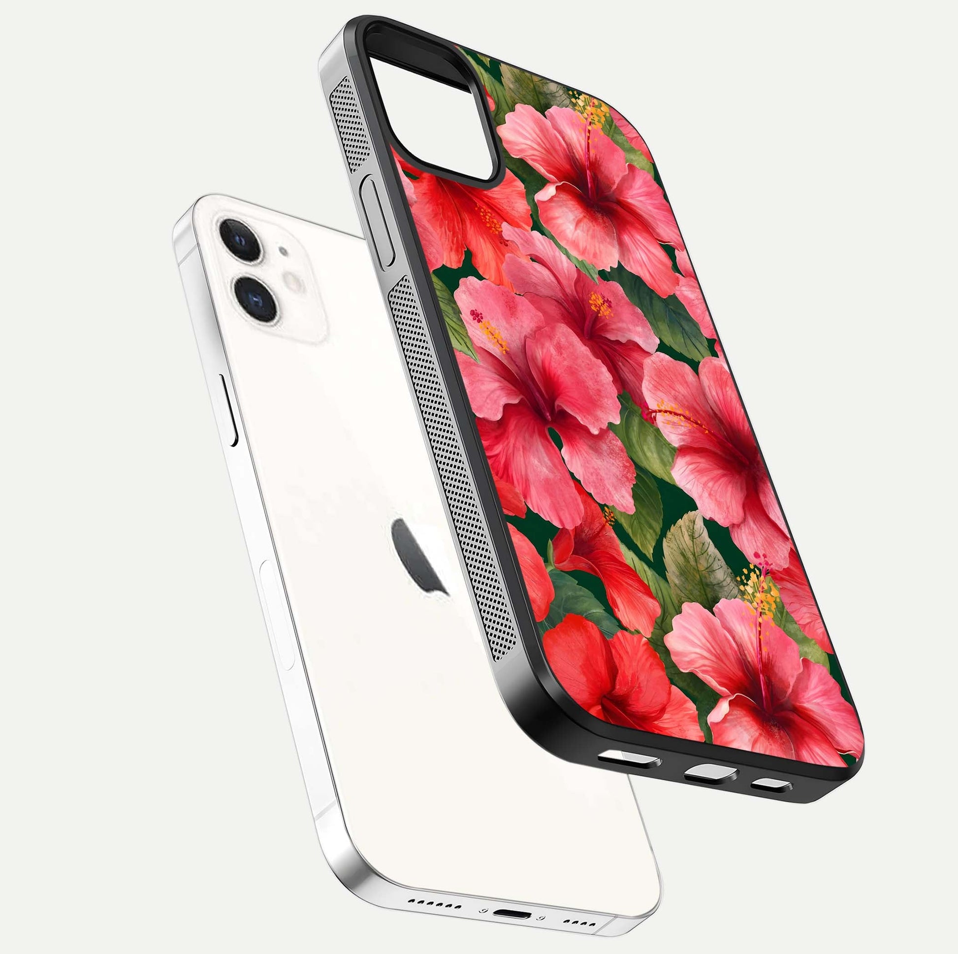 Hibiscus Pattern Glass Case for iPhone 12 Mini floating dual-view mockup showing glossy texture and vivid color depth