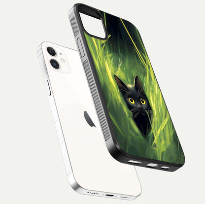 Hidden Cat Whisper Glass Case for iPhone 12 Mini floating dual-view mockup showing glossy tone and elegant cat silhouette