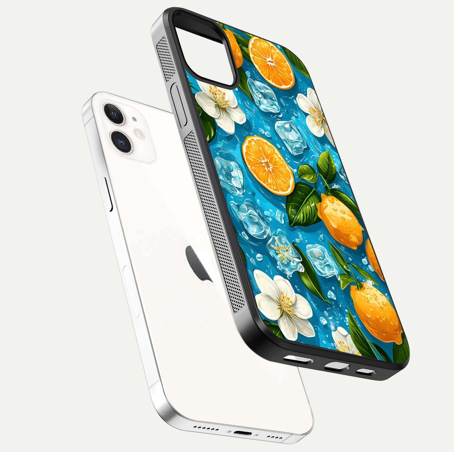 Ice Cube With Orange Glass Case for iPhone 12 Mini floating dual-view mockup showing glossy shine and cool refreshing tone