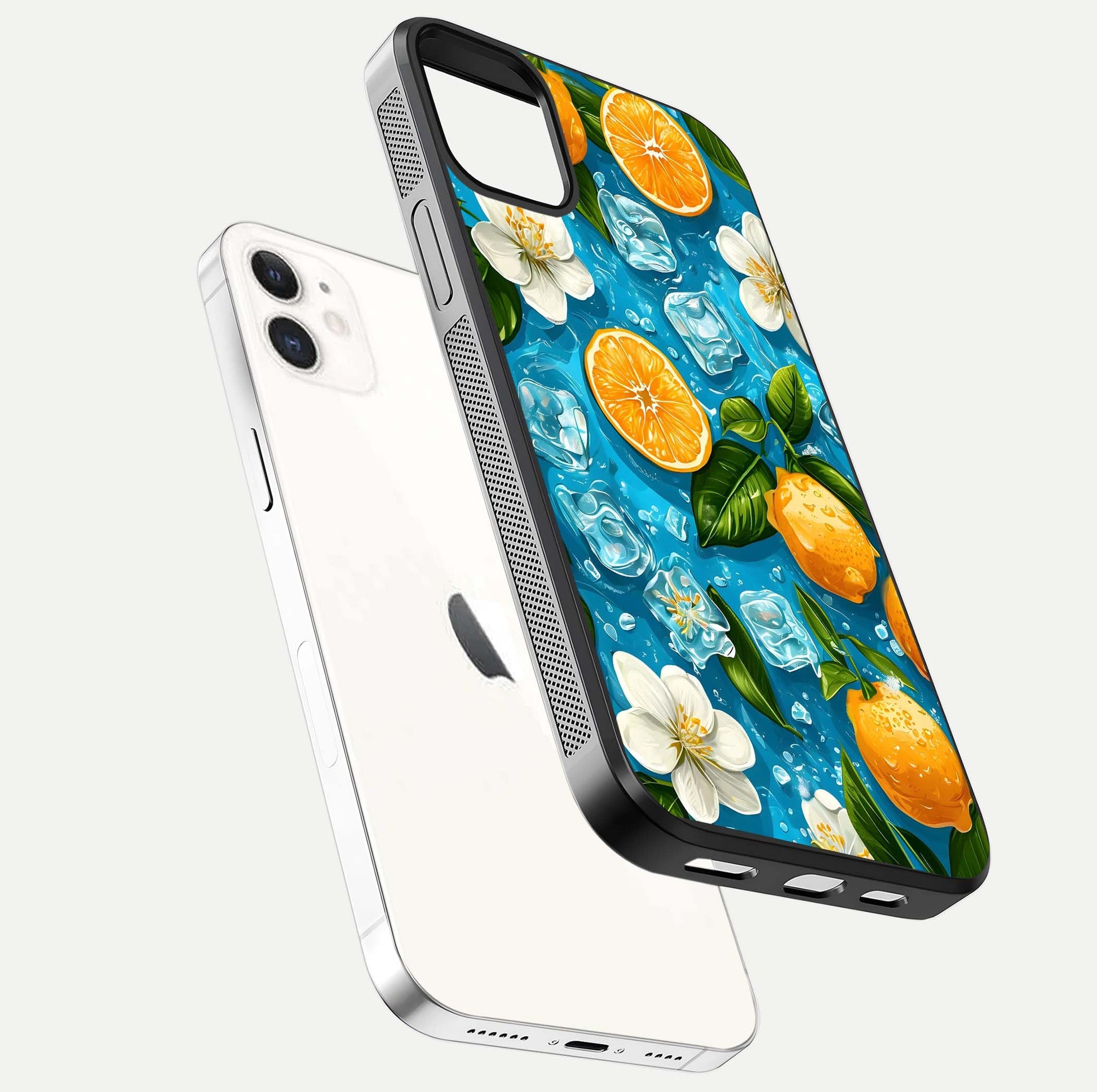 Ice Cube With Orange Glass Case for iPhone 12 Mini floating dual-view mockup showing glossy shine and cool refreshing tone