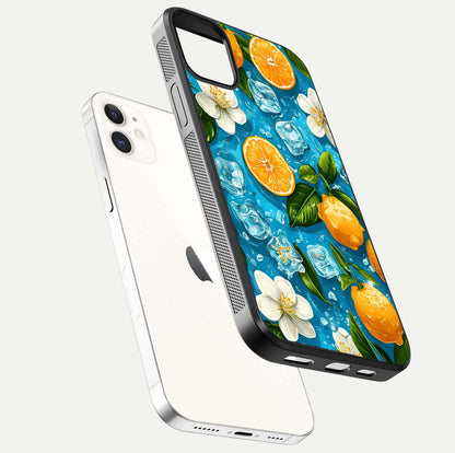 Ice Cube With Orange Glass Case for iPhone 12 Mini floating dual-view mockup showing glossy shine and cool refreshing tone