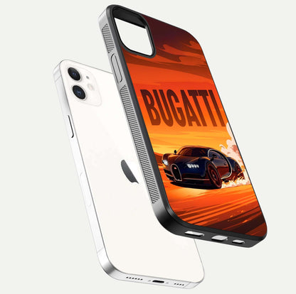 Inferno Bugatti Storm Glass Case for iPhone 12 Mini floating dual-view mockup showing gloss surface and racing energy