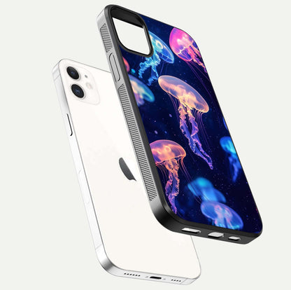 Jellyfish Pattern Glass Case for iPhone 12 Mini floating dual-view mockup showing gloss texture and oceanic depth