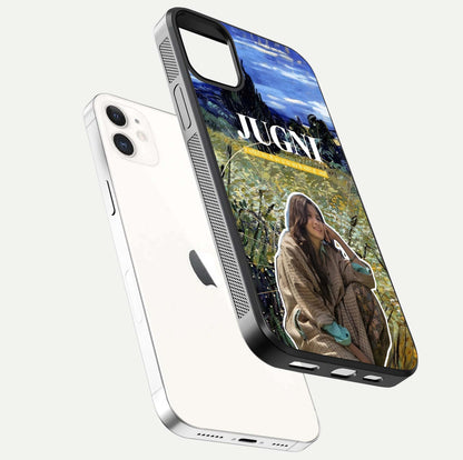 Jugni Soul Vibes Glass Case for iPhone 12 Mini floating dual-view mockup showing gloss surface and vivid design style