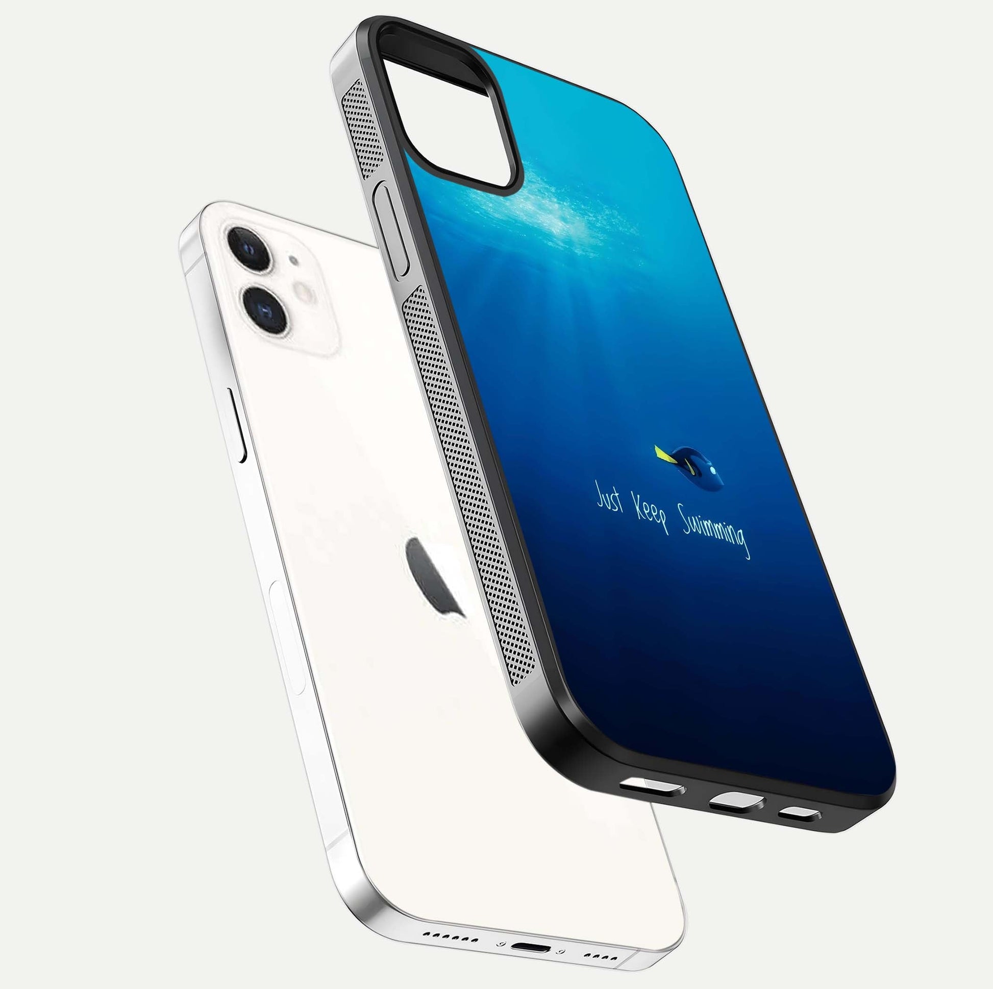 Just Keep Swimming Glass Case for iPhone 12 Mini floating dual-view mockup showing gloss brightness and wave motif