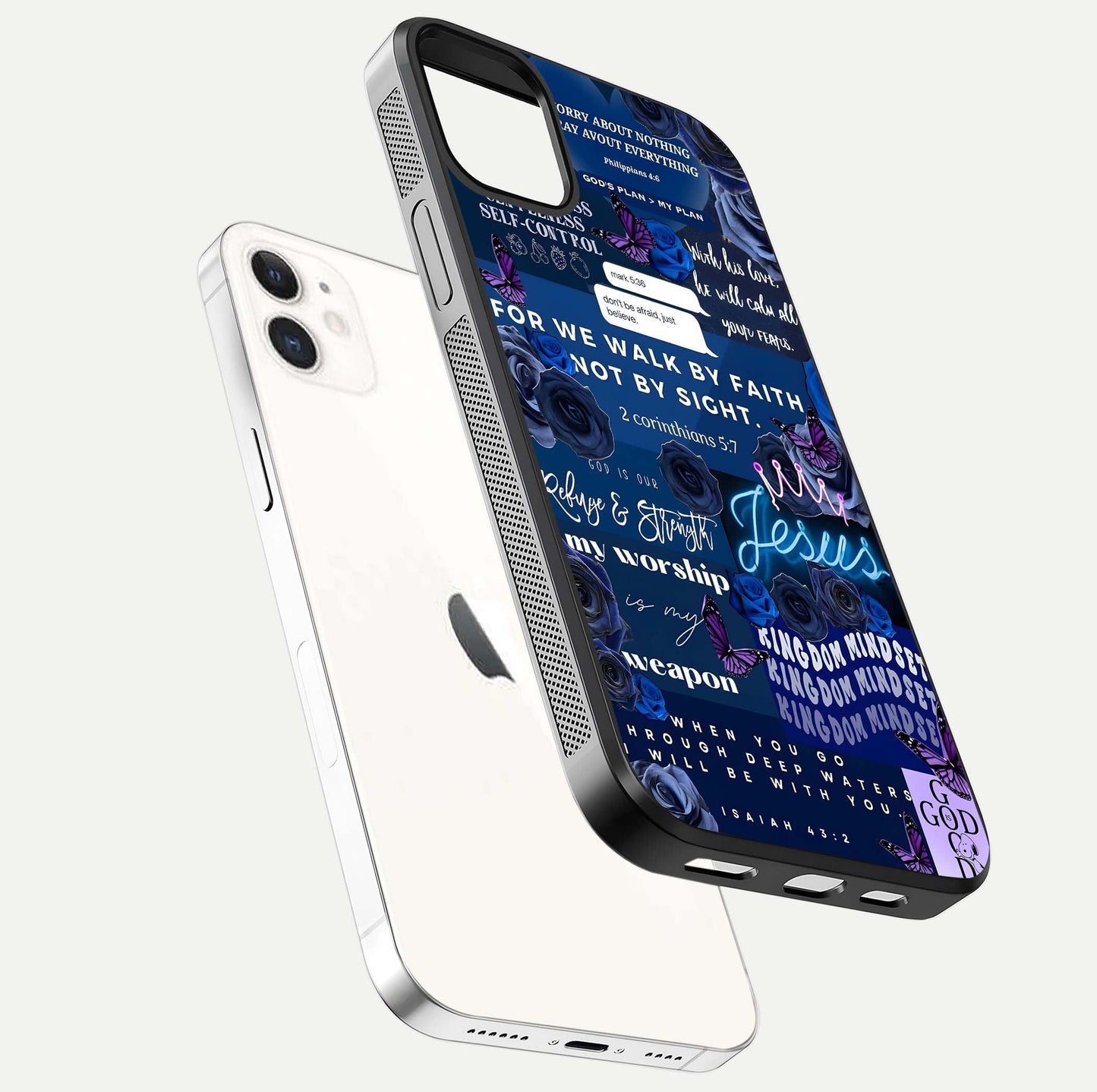 Kingdom Faith Glow Glass Case for iPhone 12 Mini floating dual-view mockup showing premium gloss and golden aura