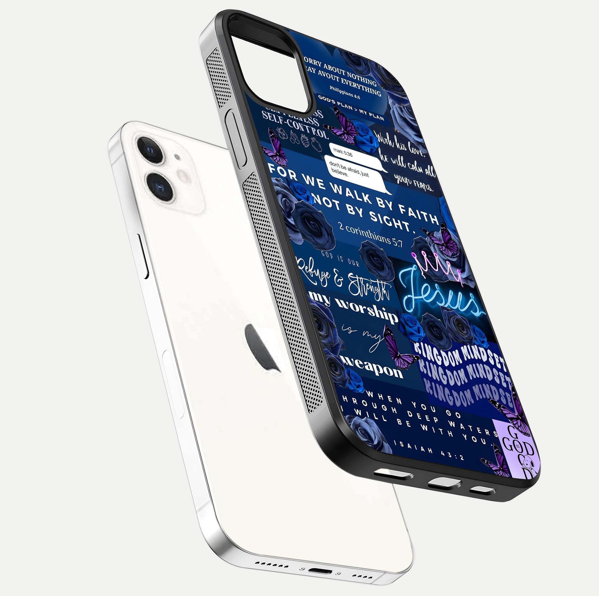 Kingdom Faith Glow Glass Case for iPhone 12 Mini floating dual-view mockup showing premium gloss and golden aura