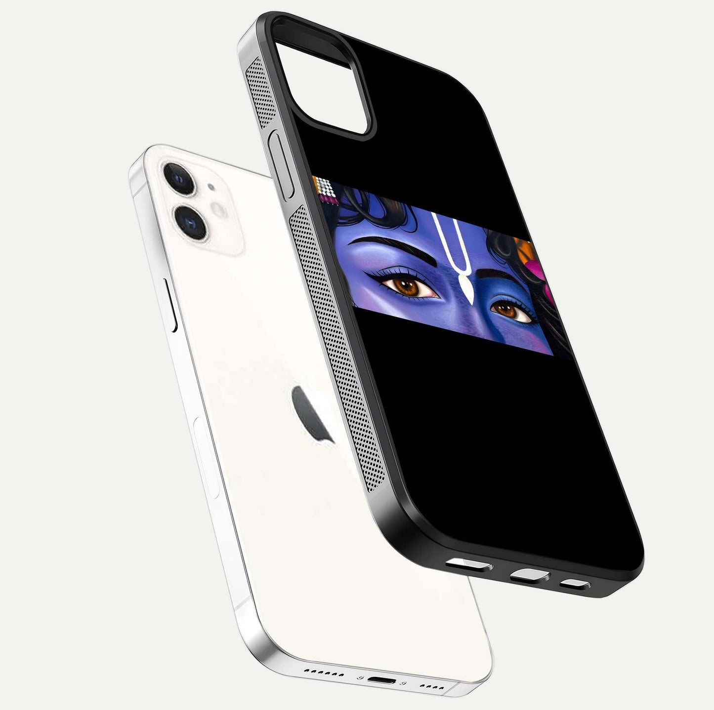 Krishna Eye Glass Case for iPhone 12 Mini floating dual-view mockup showing gloss surface and divine art depth