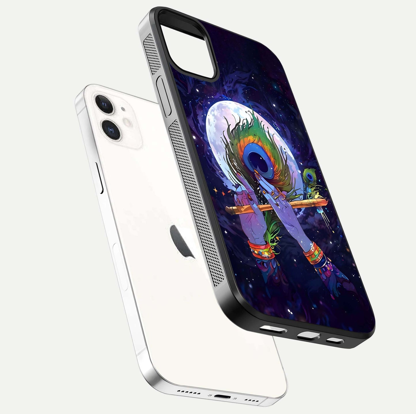 Krishna Hands Art Glass Case for iPhone 12 Mini floating dual-view mockup showing premium gloss reflection