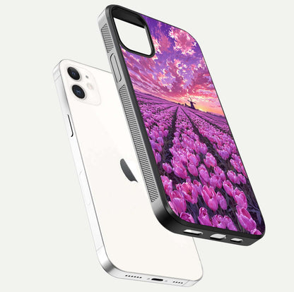 Lavender Dream Skies Glass Case for iPhone 12 Mini floating dual-view mockup showing gloss polish and pastel design