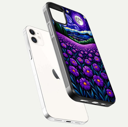 Lavender Moon Field Glass Case for iPhone 12 Mini floating dual-view mockup showing gloss surface and floral glow