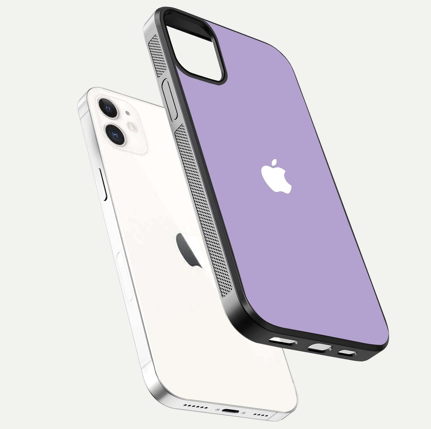 Lavender Soft Minimal Glass Case for iPhone 12 Mini floating dual-view mockup showing gloss reflection and pastel tone