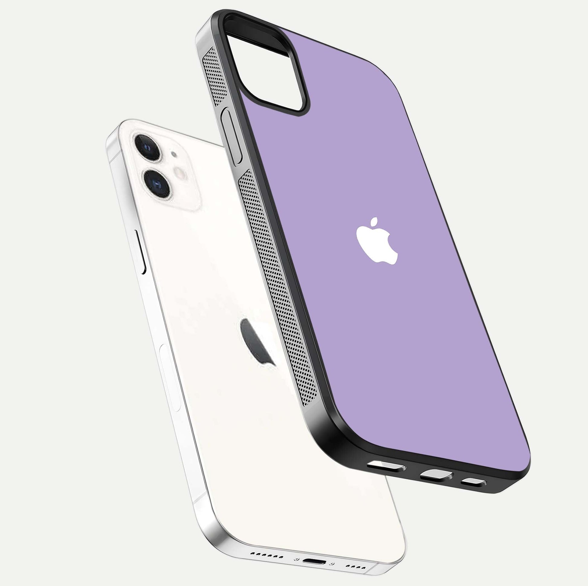 Lavender Soft Minimal Glass Case for iPhone 12 Mini floating dual-view mockup showing gloss reflection and pastel tone