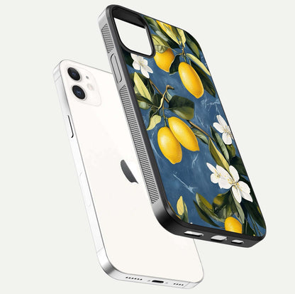 Lemon Dream Garden Glass Case for iPhone 12 Mini floating dual-view mockup showing gloss brightness and vivid yellow print