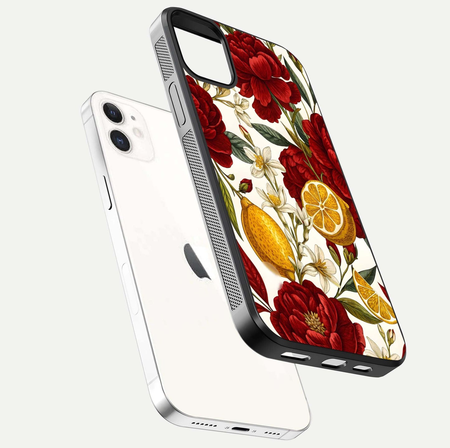 Lemon Rose Charm Glass Case for iPhone 12 Mini floating dual-view mockup showing gloss polish and floral gradient