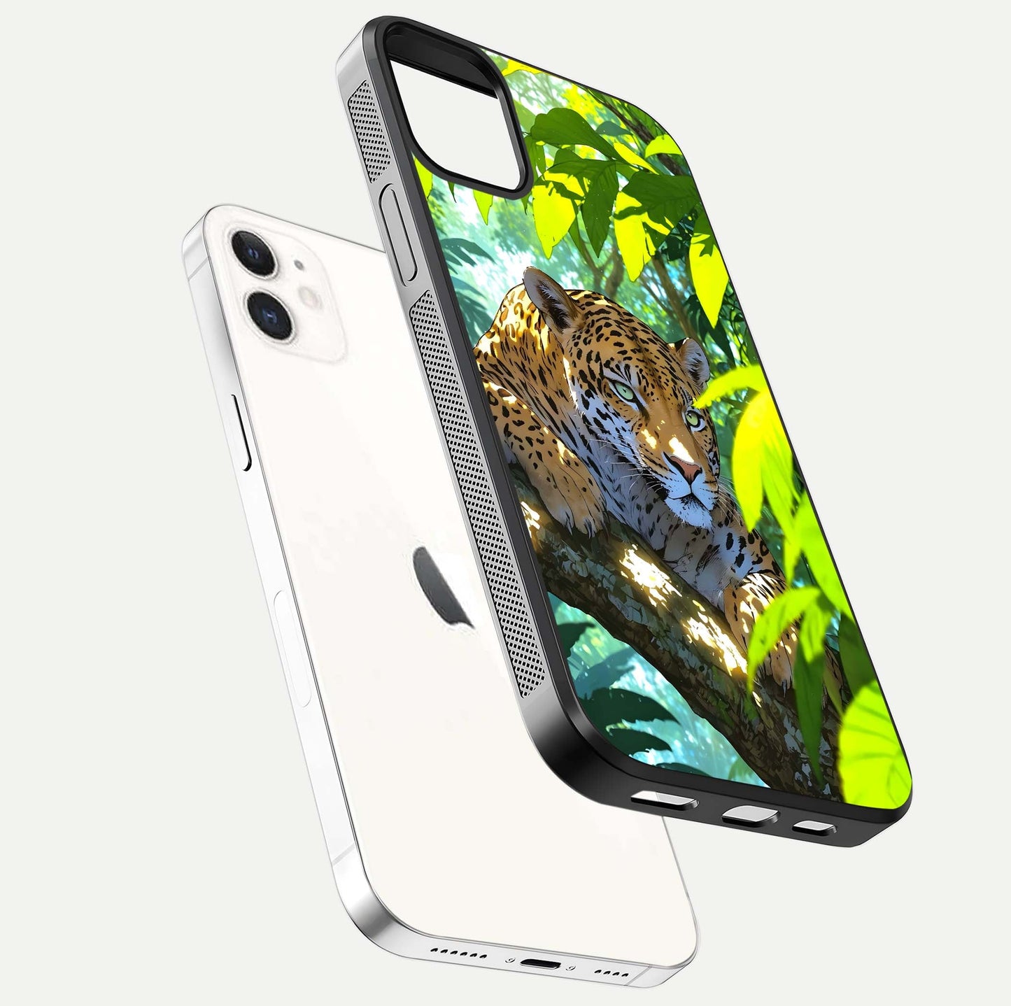 Leopard in Jungle Glass Case for iPhone 12 Mini floating dual-view mockup showing gloss finish and HD wild pattern