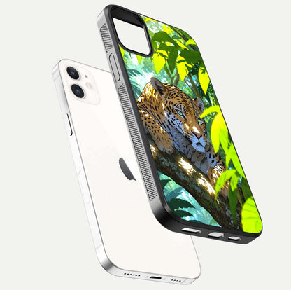 Leopard in Jungle Glass Case for iPhone 12 Mini floating dual-view mockup showing gloss finish and HD wild pattern