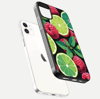 Lime and Raspberry Pattern Glass Case for iPhone 12 Mini floating dual-view showing HD gloss and vivid print