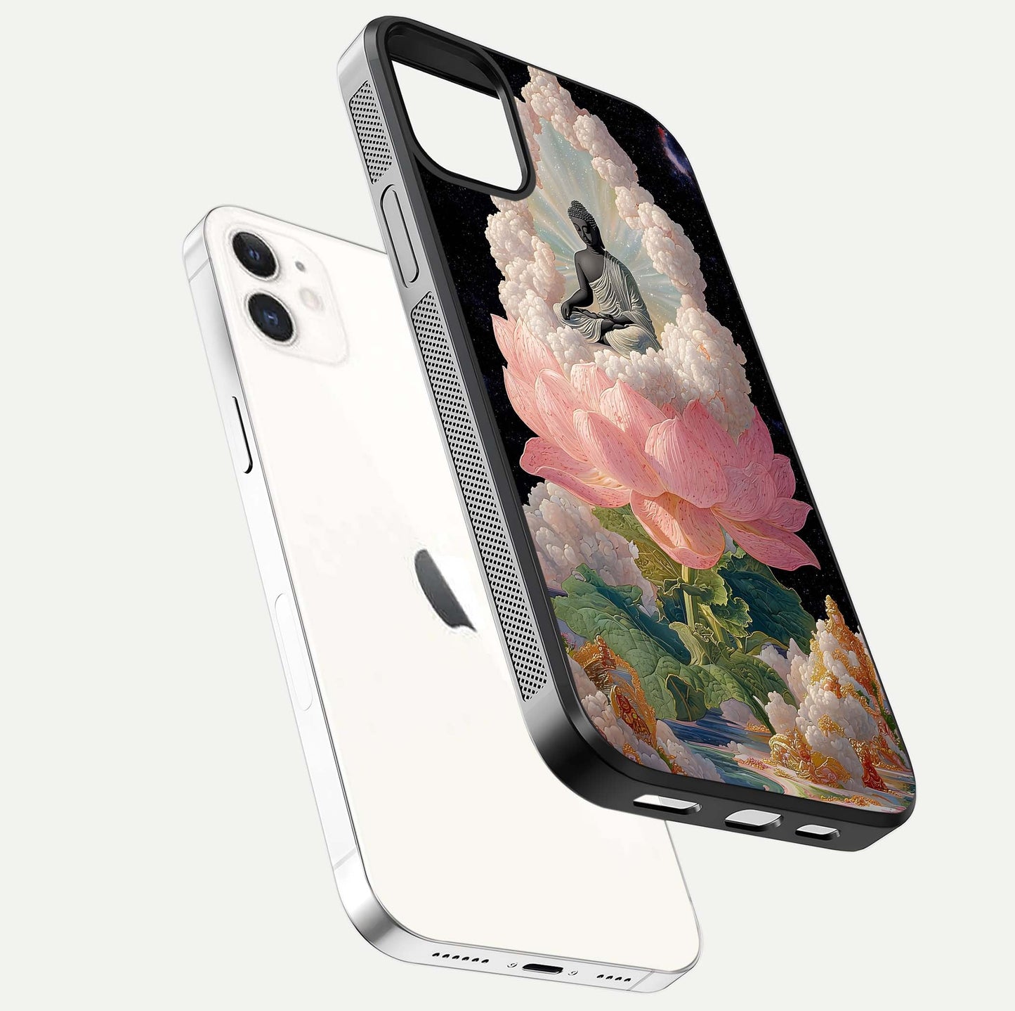 Lotus Divine Peace Glass Case for iPhone 12 Mini floating dual-view mockup with glass glow and spiritual calm art