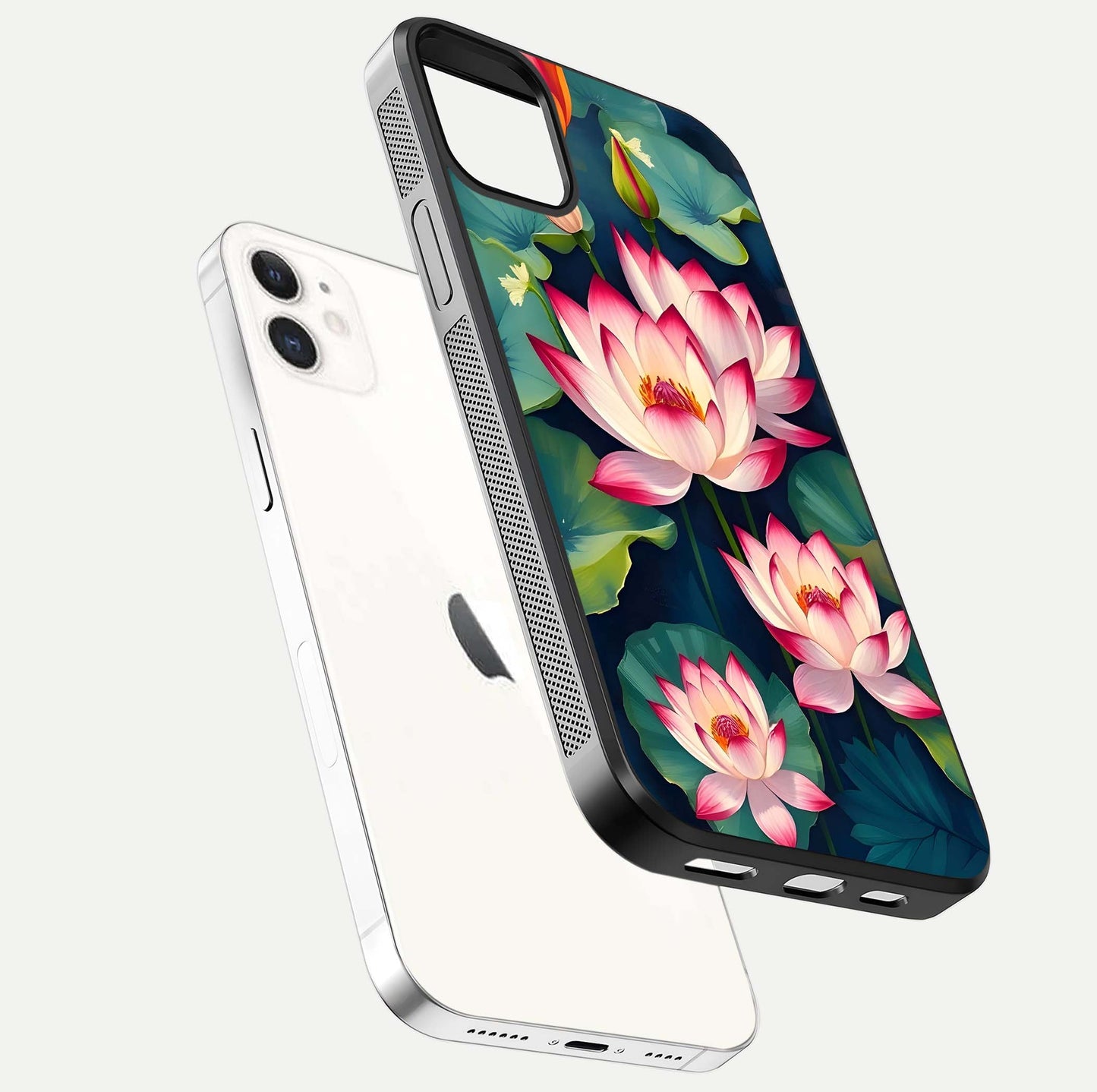 Lotus Dream Serenity Glass Case for iPhone 12 Mini floating dual-view mockup highlighting HD gloss glow