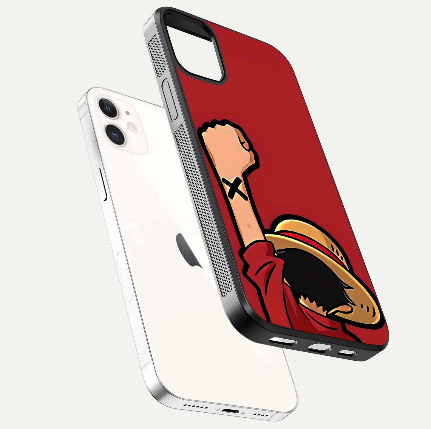 Luffy X Spirit Glass Case for iPhone 12 Mini floating dual-view mockup showing gloss polish and vibrant color depth