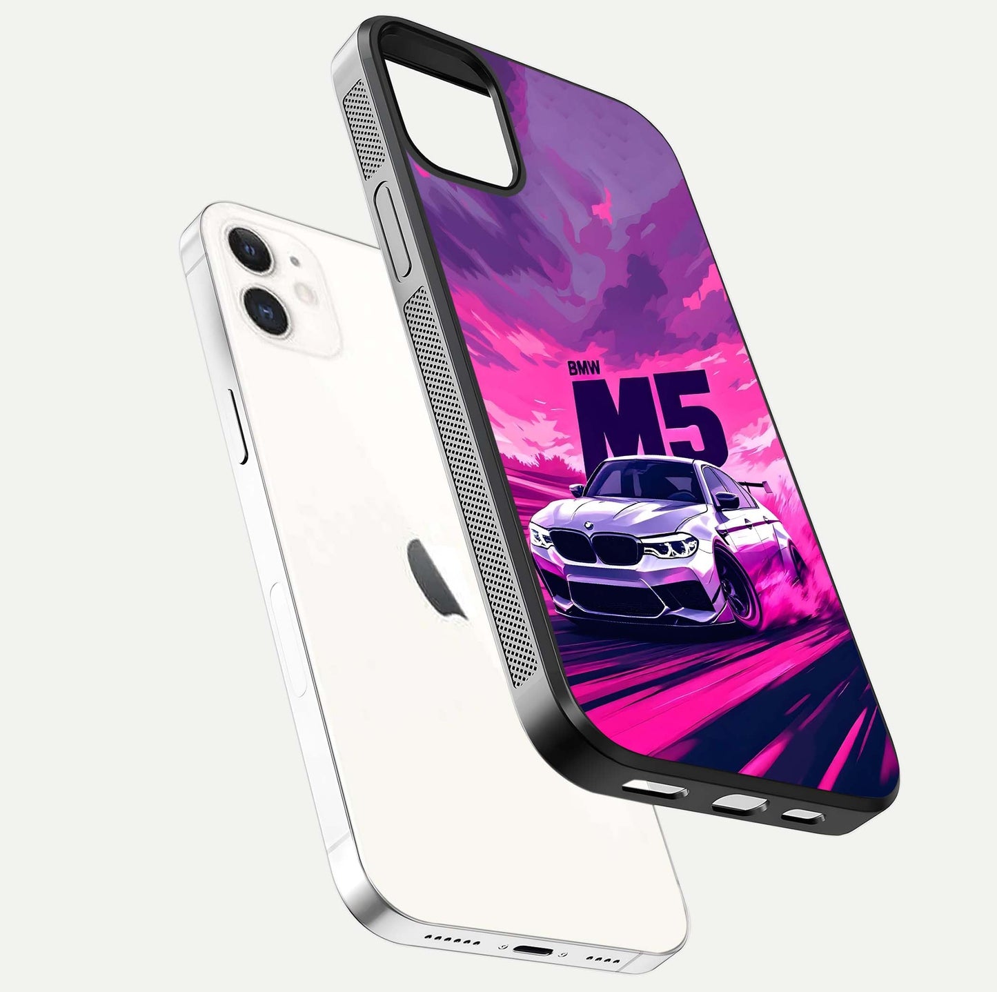 MS Neon Car Glass Case for iPhone 12 Mini floating dual-view mockup showing HD gloss and electric color tones