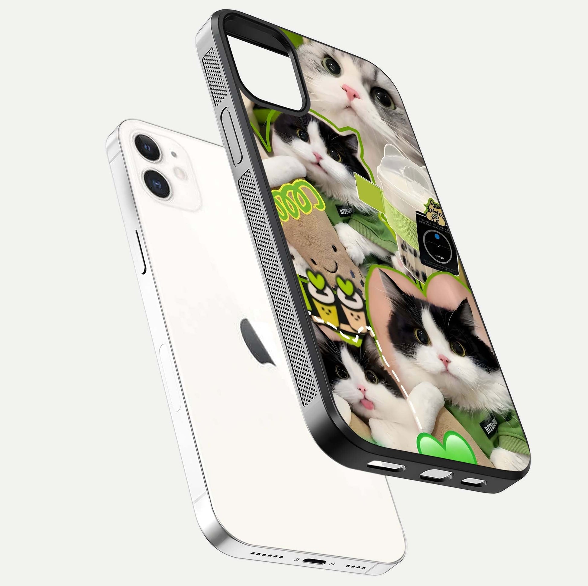 Matcha Cats Mood Glass Case for iPhone 12 Mini floating dual-view mockup showing HD gloss surface and soft tones