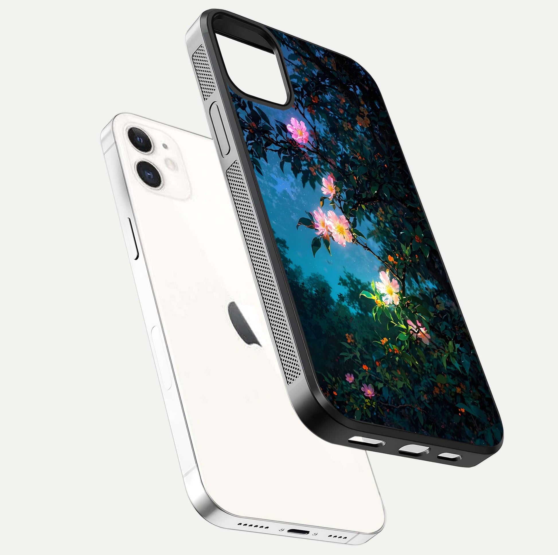 Midnight Bloom Glow Glass Case for iPhone 12 Mini floating dual-view mockup showing HD gloss and floral contrast