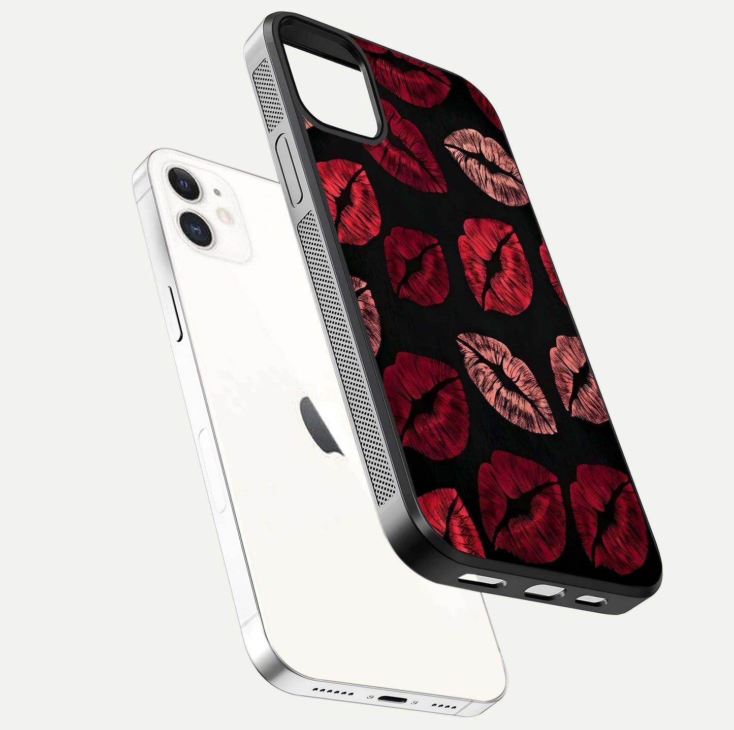 Midnight Kiss Love Glass Case for iPhone 12 Mini floating dual-view mockup showing HD gloss and elegant edge design