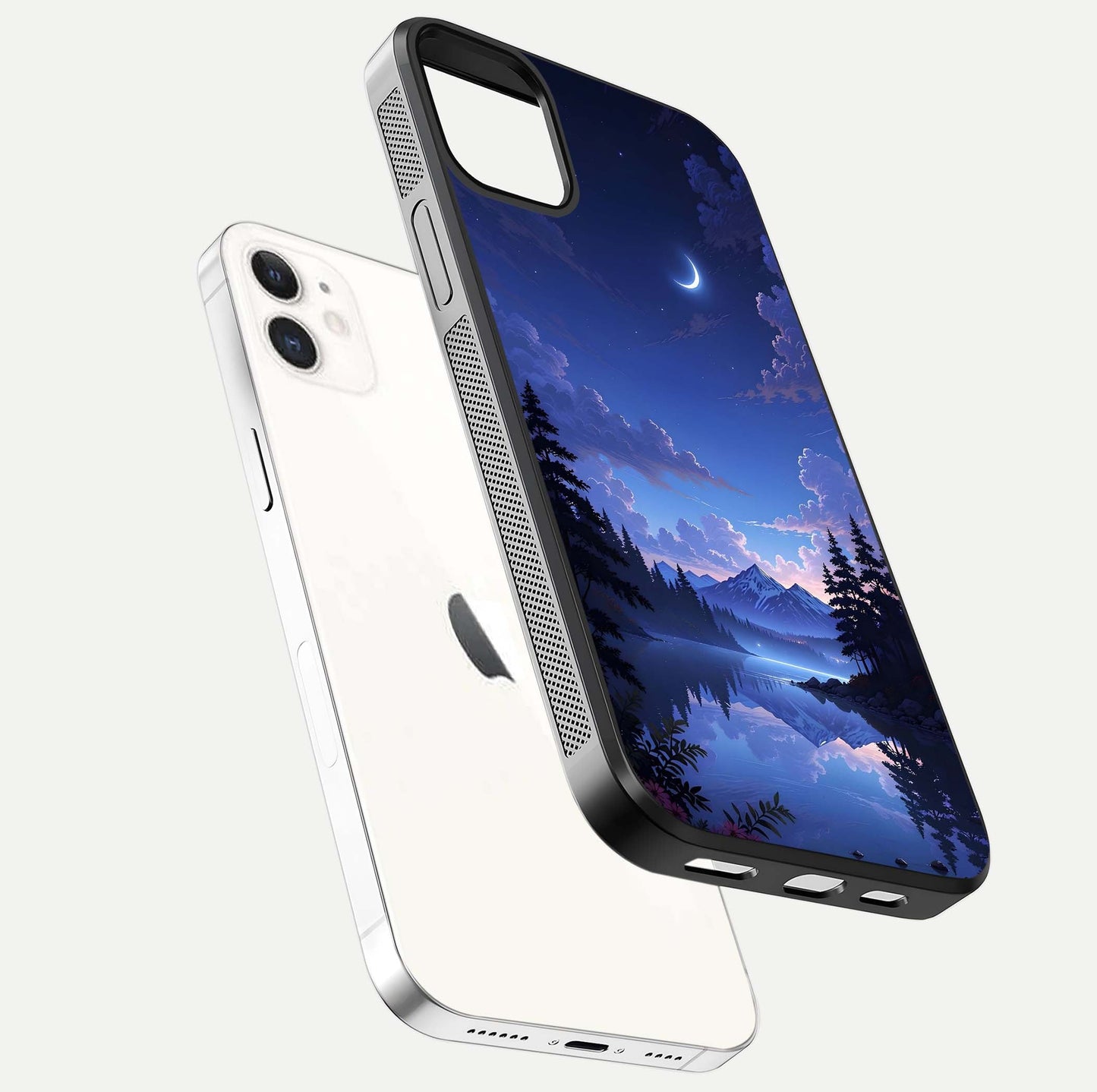 Midnight Lake Peace Glass Case for iPhone 12 Mini floating dual-view mockup showing gloss finish and peaceful art