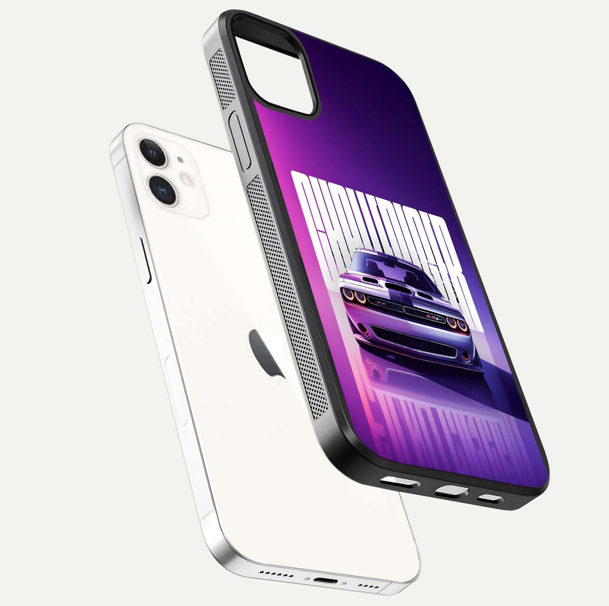 Midnight Muscle Ride Glass Case for iPhone 12 Mini floating dual-view mockup showing glossy finish and shine depth