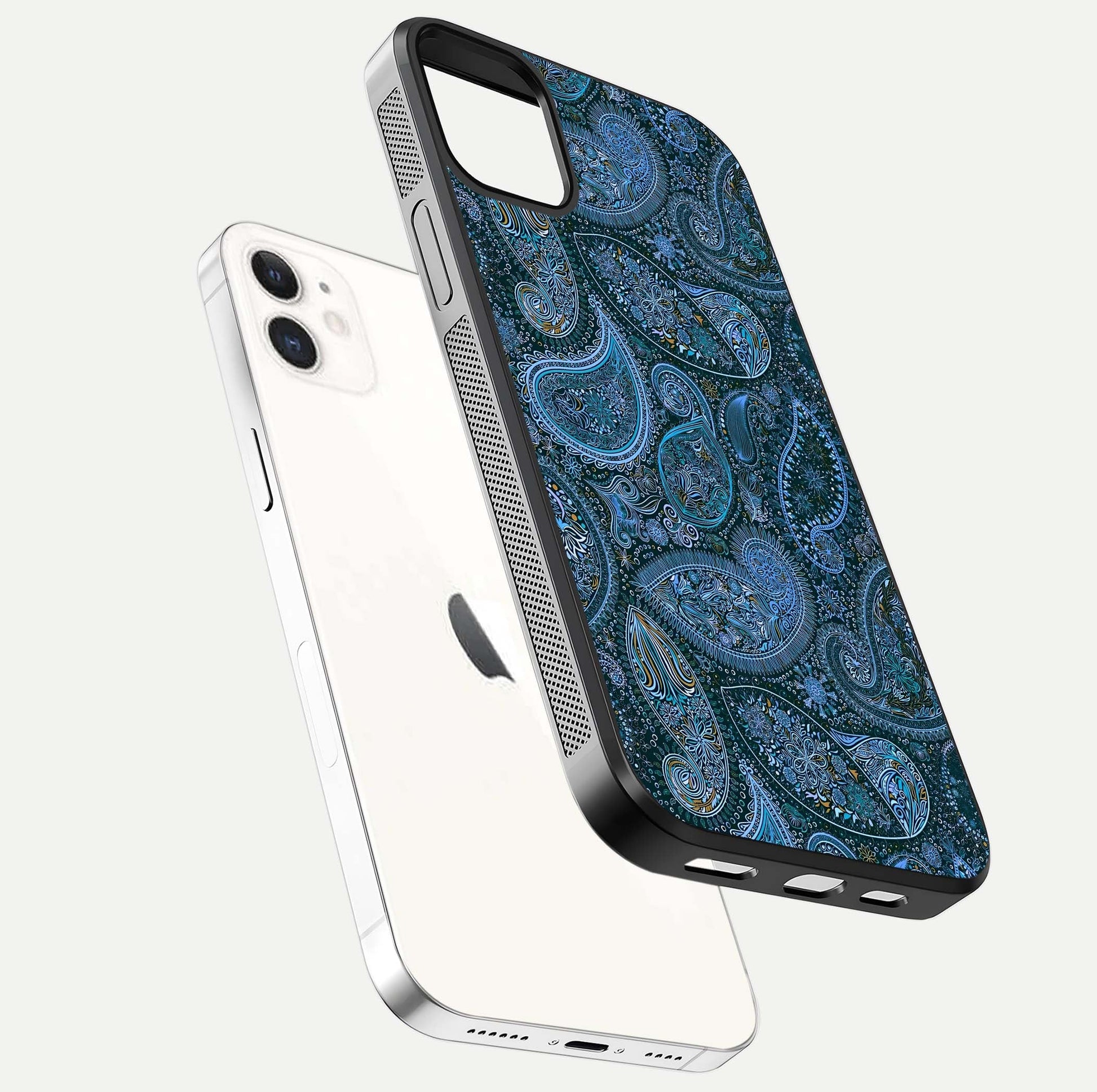 Midnight Paisley Glow Glass Case for iPhone 12 Mini floating dual-view mockup showing HD gloss and rich pattern