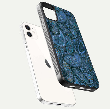Midnight Paisley Glow Glass Case for iPhone 12 Mini floating dual-view mockup showing HD gloss and rich pattern