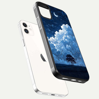 Midnight Sky Serenity Glass Case for iPhone 12 Mini floating dual-view mockup showing HD gloss and night shine