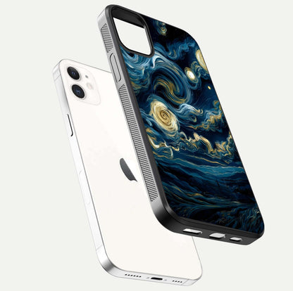 Midnight Sky Whirl Glass Case for iPhone 12 Mini floating dual-view mockup showing gloss texture and shine