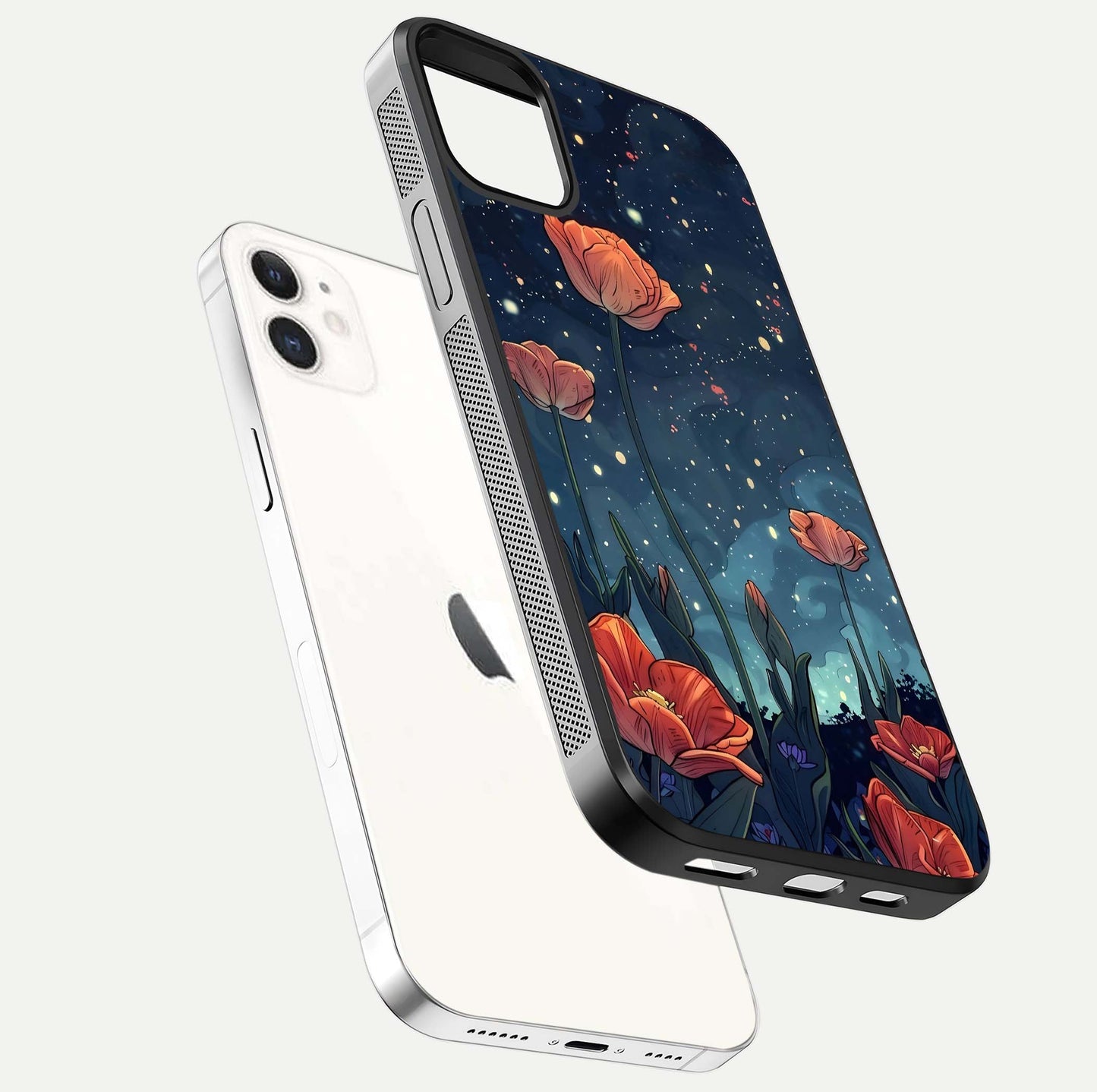 Midnight Tulip Glow Glass Case for iPhone 12 Mini floating dual-view mockup showing HD gloss and tulip tone