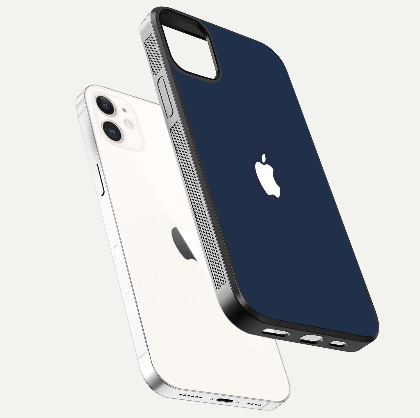 Minimal Apple Night Glass Case for iPhone 12 Mini floating dual-view mockup showing HD shine and minimal style