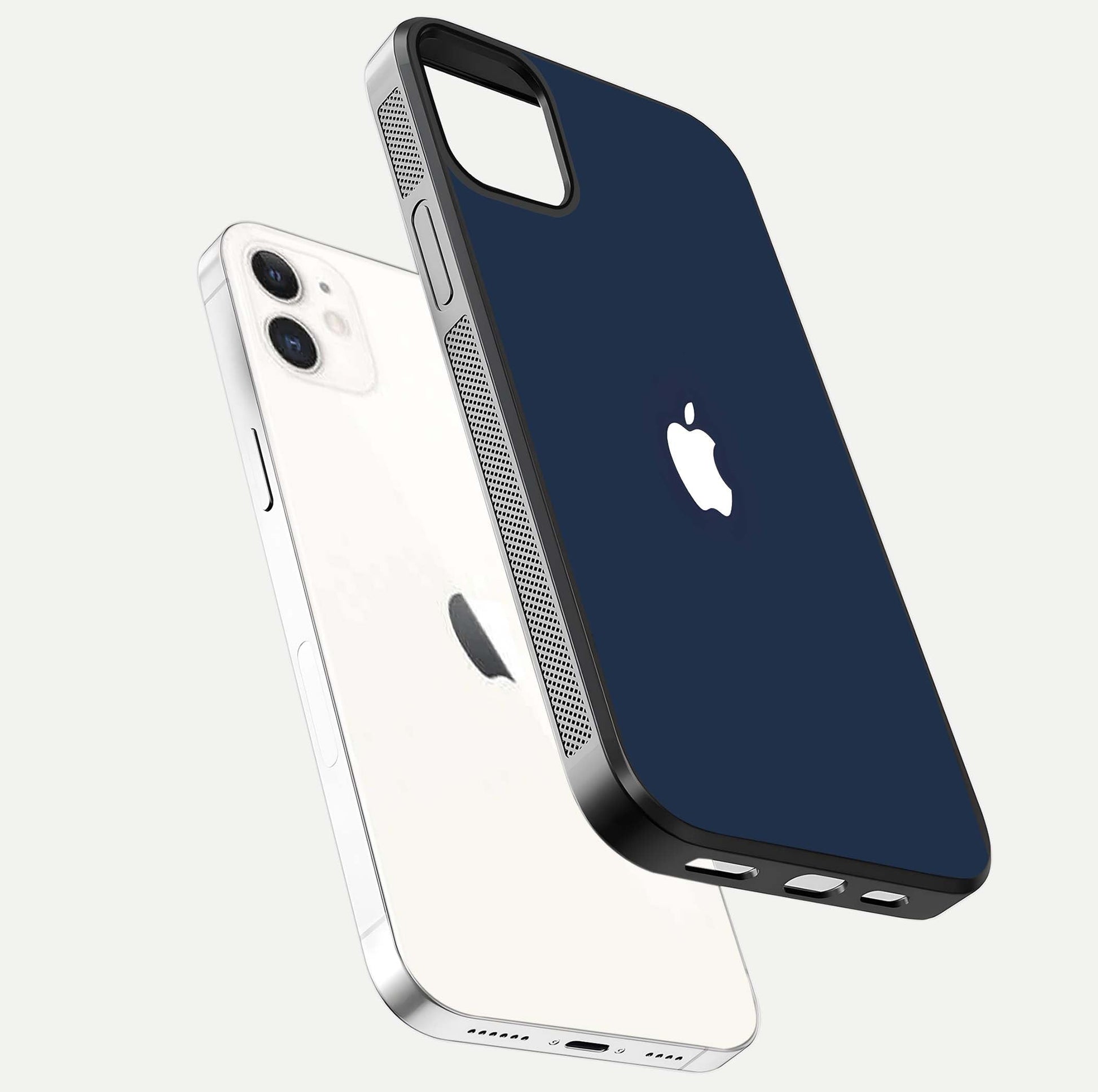 Minimal Apple Night Glass Case for iPhone 12 Mini floating dual-view mockup showing HD shine and minimal style