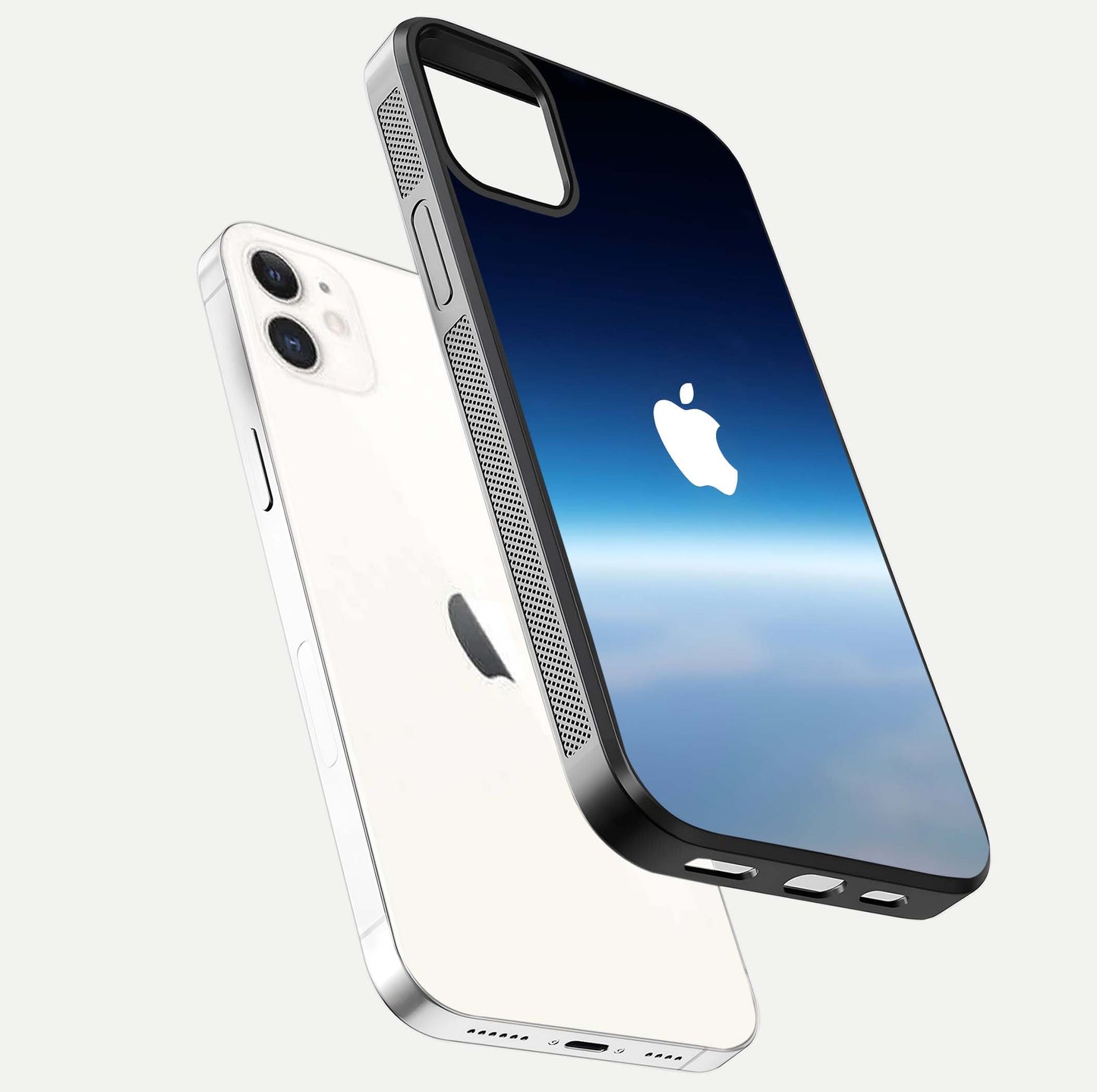Minimal Apple Sky Glass Case for iPhone 12 Mini floating dual-view mockup showing HD gloss and Apple design