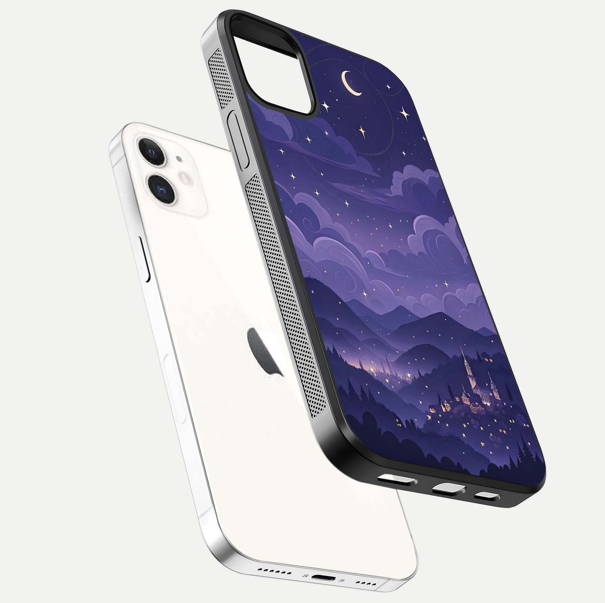 Minimal Night View Glass Case for iPhone 12 Mini floating dual-view mockup showing HD gloss and clean lines