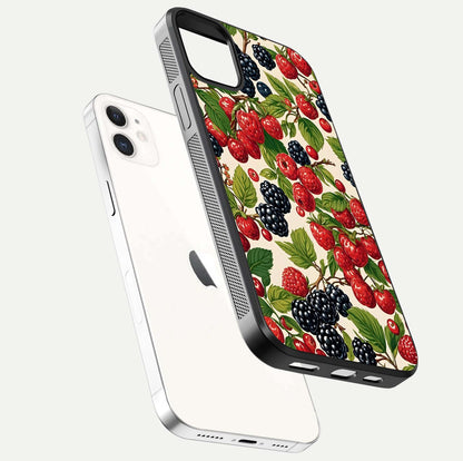 Mixed Berry Collage Glass Case for iPhone 12 Mini floating dual-view mockup showing gloss depth and vibrant design