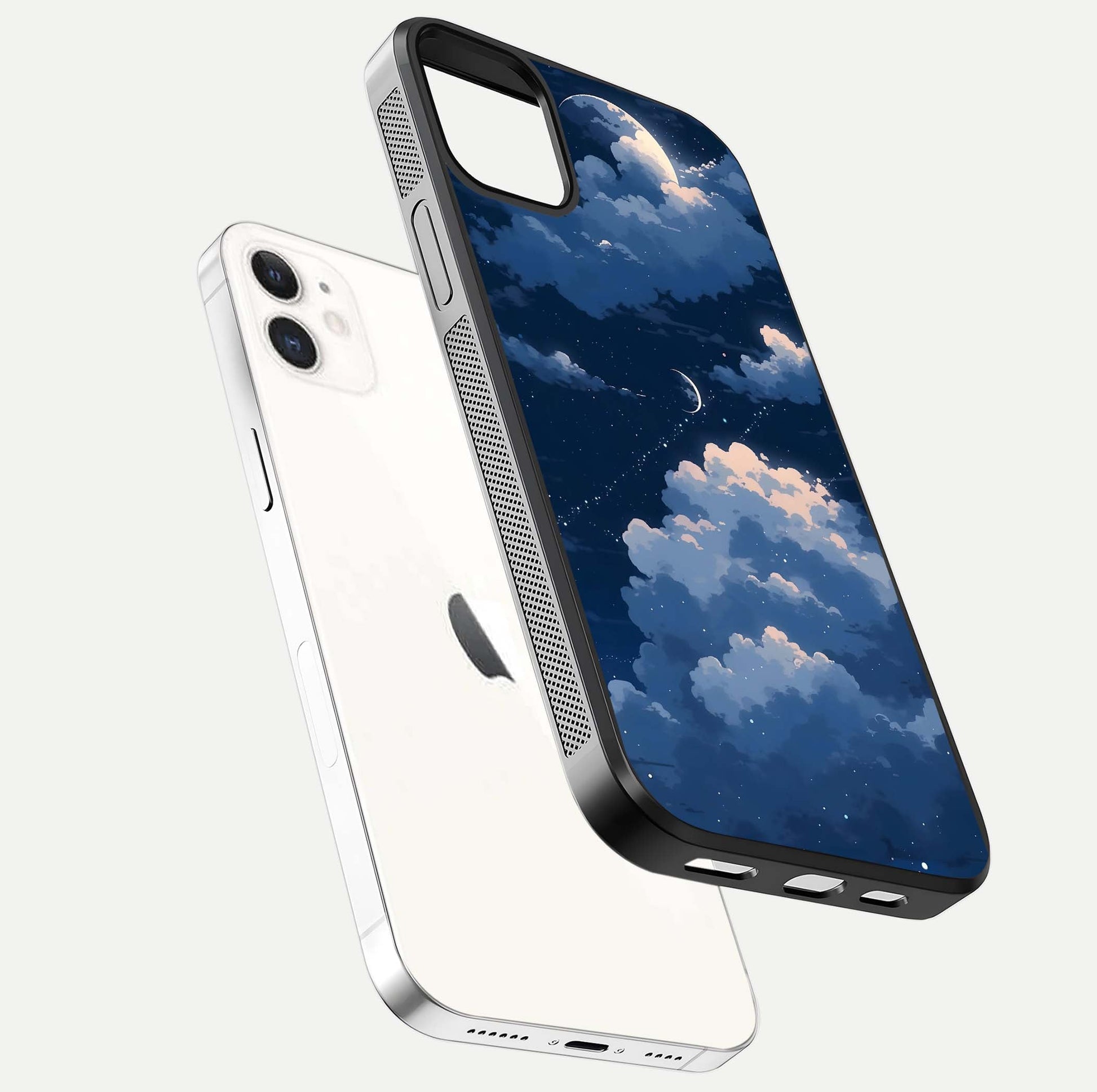 Moon Dream Haze Glass Case for iPhone 12 Mini floating dual-view mockup showing gloss texture and calm tones