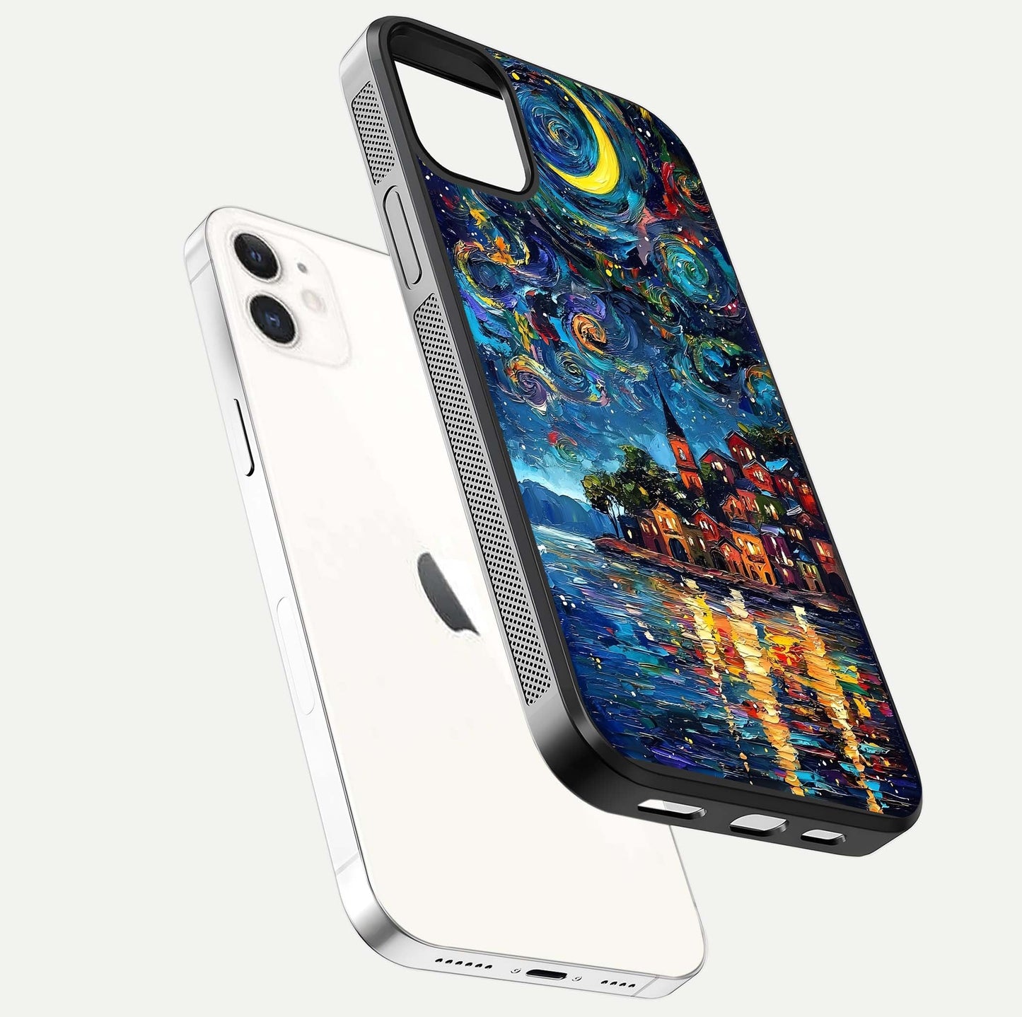 Moonlight Harbor Glow Glass Case for iPhone 12 Mini floating dual-view mockup showing gloss brightness and glow