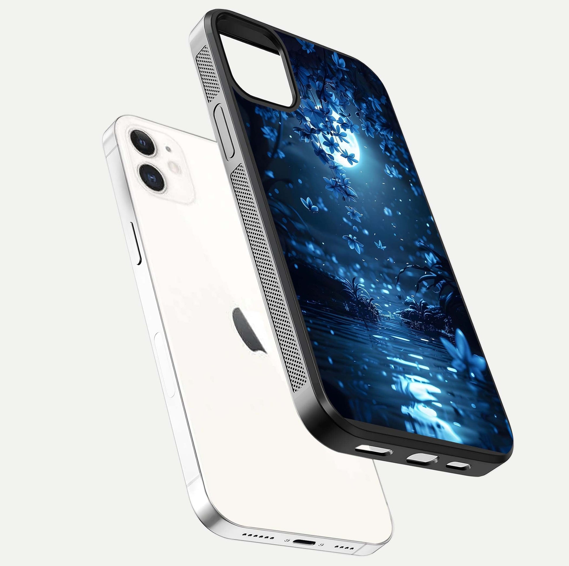 Moonlight Petal Dream Glass Case for iPhone 12 Mini floating dual-view mockup showing HD gloss and dreamy art
