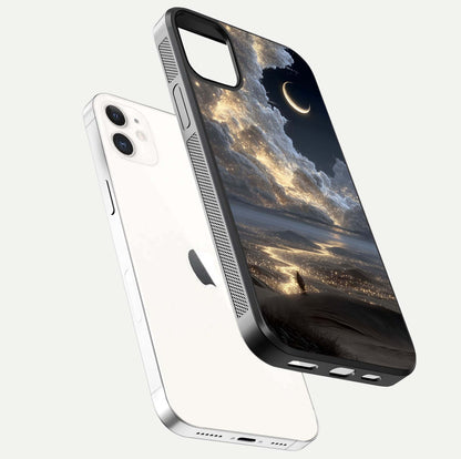 Moonlight Spark Path Glass Case for iPhone 12 Mini floating dual-view mockup showing gloss finish and shine depth